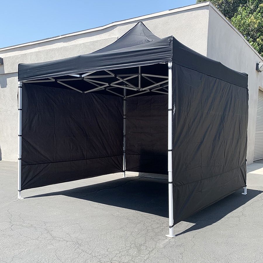 (NEW) $130 Heavy Duty 10x10 ft with 3 Sidewalls, EZ Popup Canopy Outdoor Gazebo, Carry Bag (Black) 