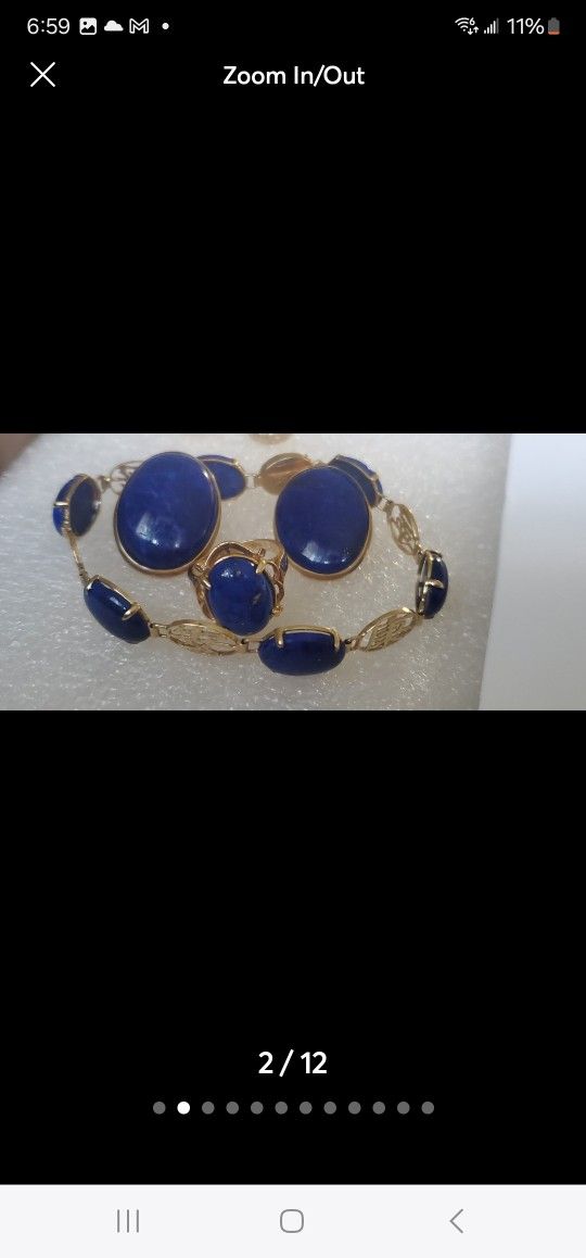 14k Gold Lapis Ring, Earrings And Bracelet.