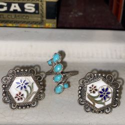 Two antique porcelain silver couplings with a natural turquoise sterling silver size 7 ring