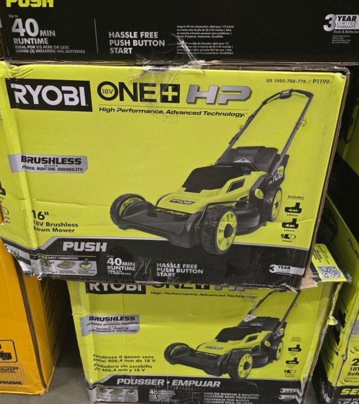Ryobi Lawn Mower 16" With Canister Bag / 2 Ryobi Batteries + Charger In Npx