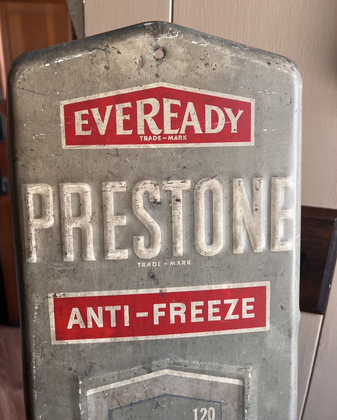 RARE 1930s–1940s EVEREADY PRESTONE Embossed Metal Thermometer - Authentic Early Gas & Oil Advertising
