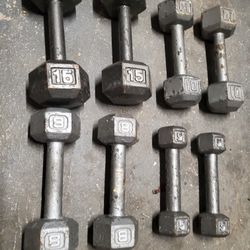 Dumbell Pairs, 15, 10, 8, and 5 Lbs Pairs.
    
