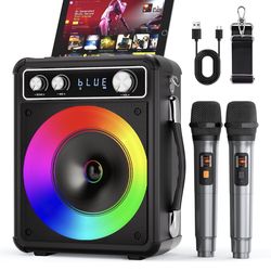 Karaoke Machine with 2 Wireless Microphones, Portable Bluetooth Speaker for Adults Kids, PA Systems Support TWS Echo Adjust TF USB AUX for Home Party 