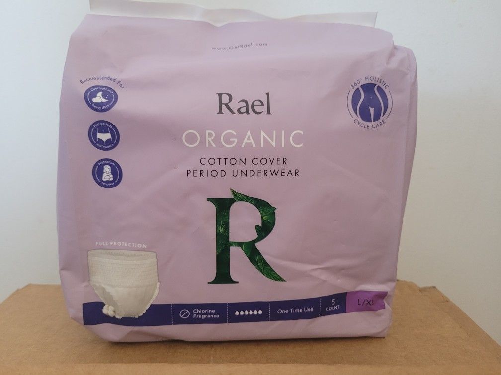 RAEL ORGANIC DISPOSABLE PERIOD UNDERWEAR! 3 PACK! SIZE L/XL! BRAND NEW SEALED!