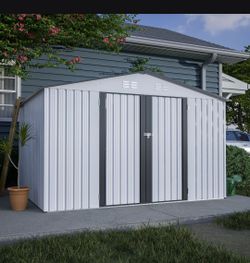 10X8 FT Outdoor Storage Shed, All Weather Metal Sheds with Lockable Doors, Tool Shed for Garden, Patio, Backyard, Lawn, White