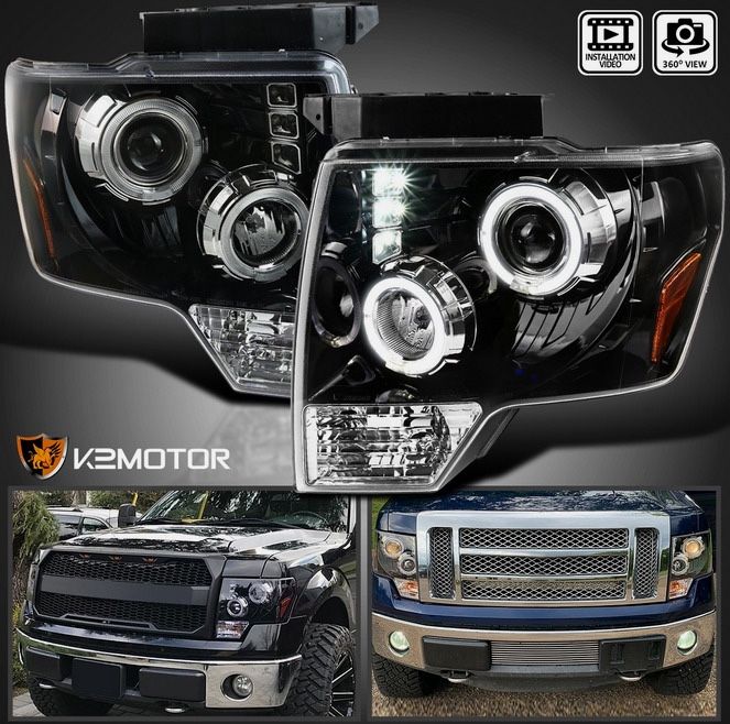 Jet Black Fits 2009-2014 Ford F150 Pickup LED Halo Projector Headlights Lamps