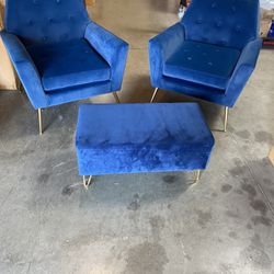 Blue Velvet Chair Set With Matching Ottoman