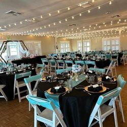 120in BLACK tablecloths & GOLD runners