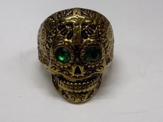 Men's Gothic Sugar Skull Ring Green Stone Biker Punk Gold Tone Size 11
