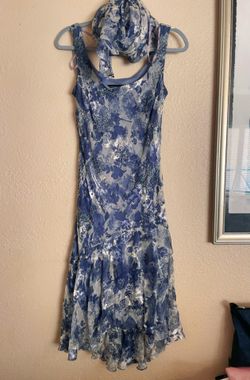 Alex Evenings Blue Floral Silk Beaded Dress with Scarf Size 12 – 75% Silk