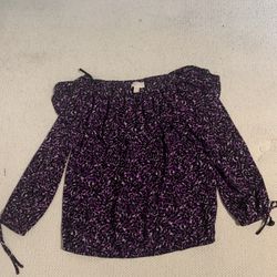 Womens Purple Black White Medium Floral offer Shoulder Ruffed Frilly Shirt 