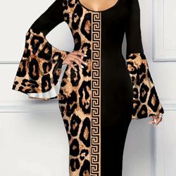 New! Leopard Print Splicing Dress Flared Sleeves Midi Size XXL (14)