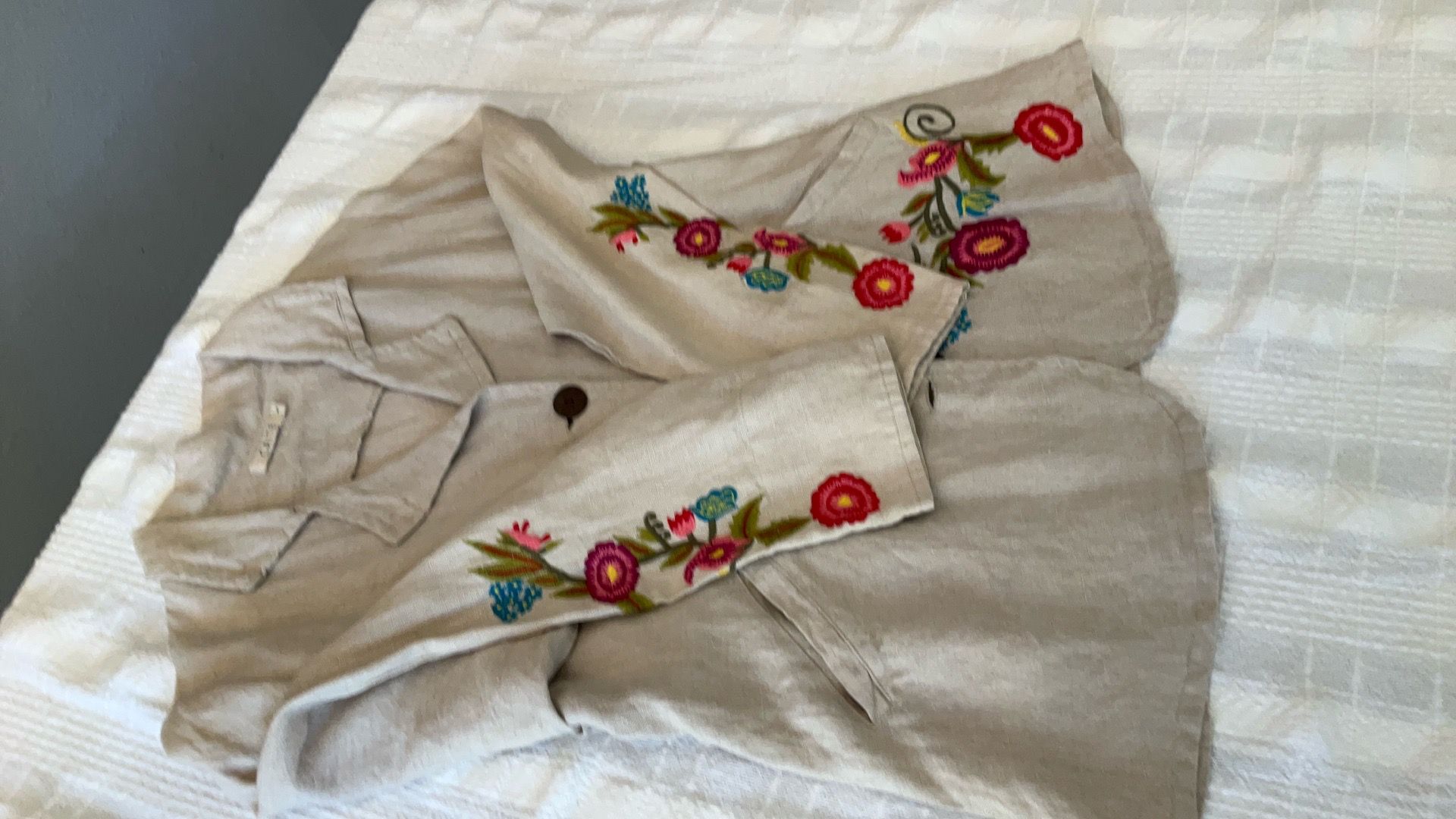 Kyla Seo caite long sleeve 100% linen embroidered floral Blazer jacket size L