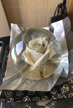 Very nice round glass bowl with white Rose it filled with water it will be pretty on the table