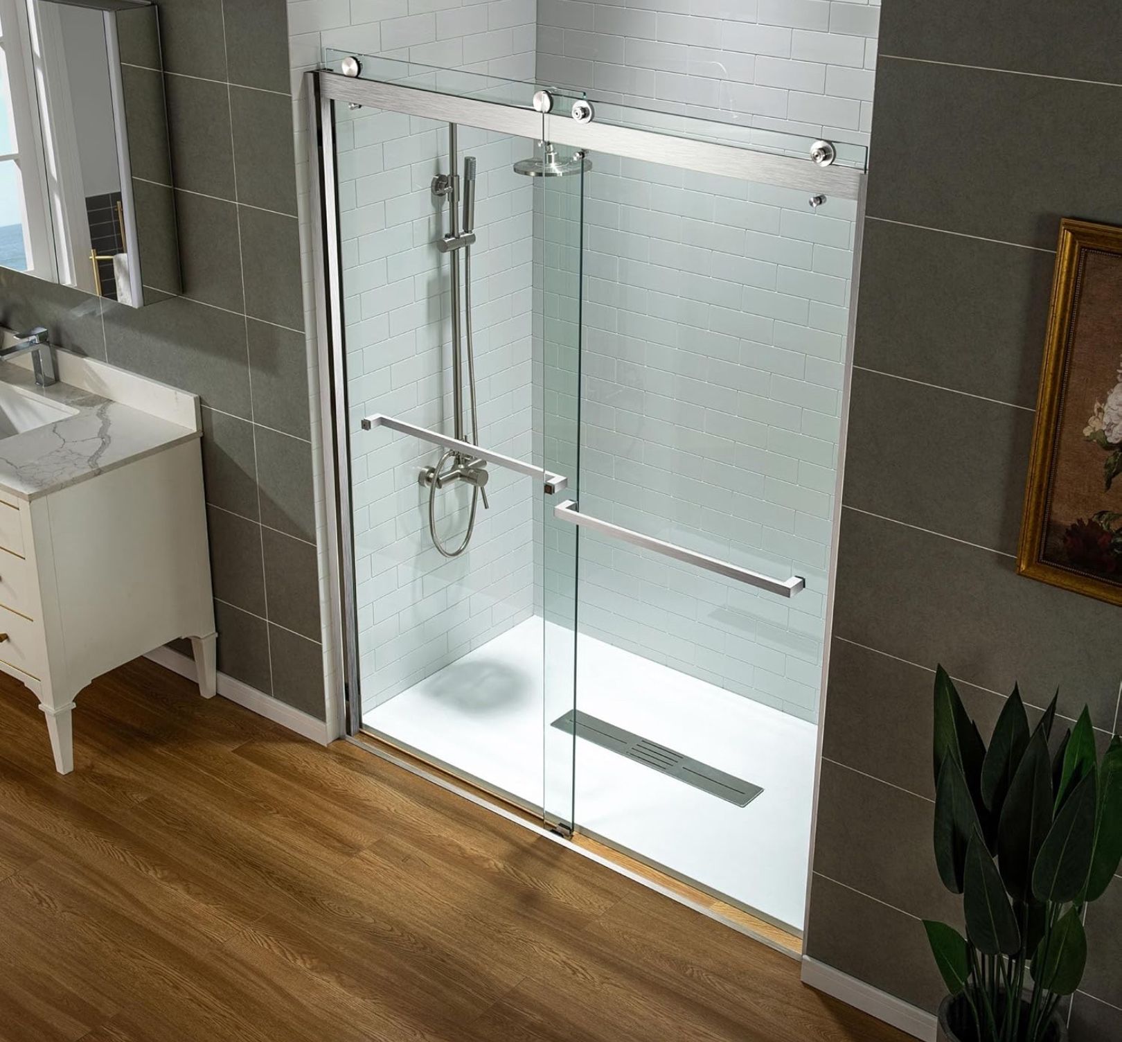 60” X76” Shower Doors New In The Box 3/8” Glass Double Door Entry  Framesless Design, image size:1620x1504