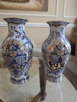 Pair Vintage Chinese Porcelain Vases Cobalt Blue Gold Floral Lattice...
