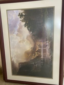 Large Framed Mountain Waterfall Landscape Print – Dramatic Misty Cliffs & Wildlife – Prints Plus Framing