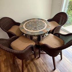 Handcrafted Stone Mosaic Table & 4 Wicker Chair Set