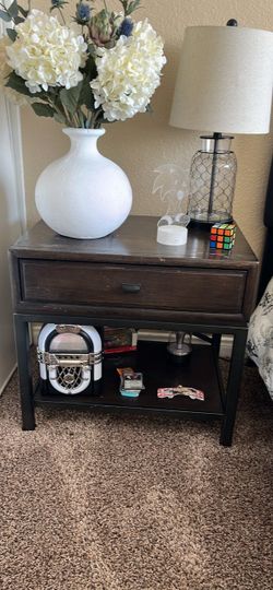 Dark Wood Nightstand with Drawer and Shelf