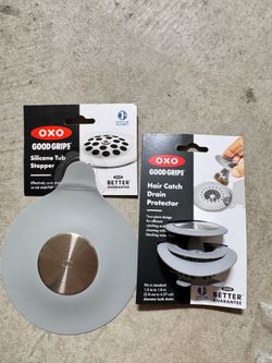 OXO Good Grips Stainless Steel Hair Catch Drain Protector Catches Hair Without Blocking Water, Removable Topper for Easy Cleaning, Fits Standard Bath 