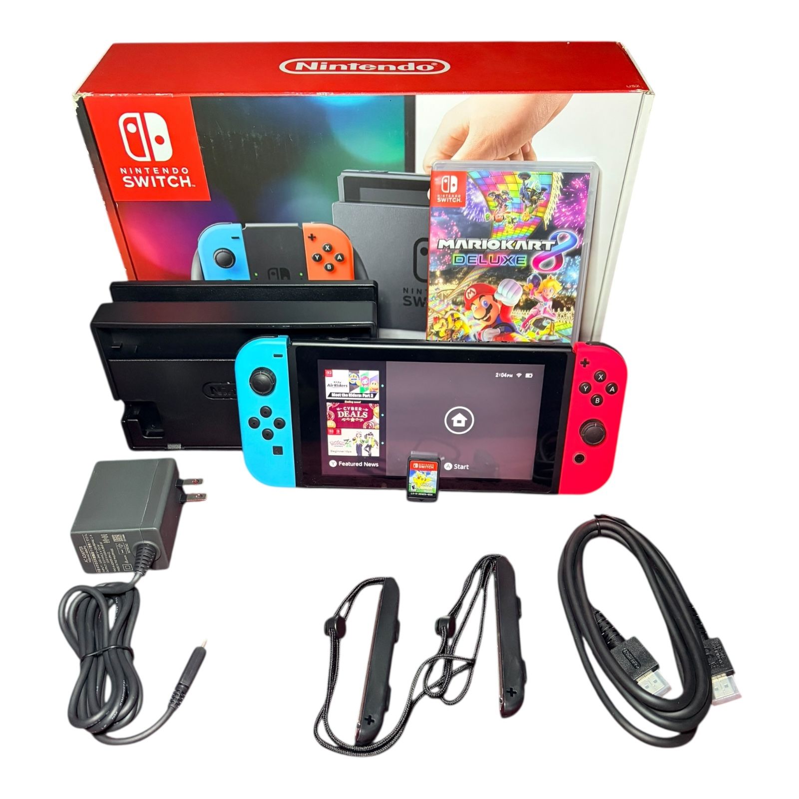 Nintendo Switch Bundle with Neon Blue and Neon Red Joy. Mario Kart 8, Pikachu