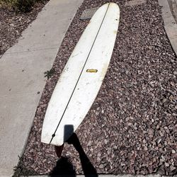 9 Foot Surfboard With Glassed On Fin. Some Damage But Works As A Great Beginner Board