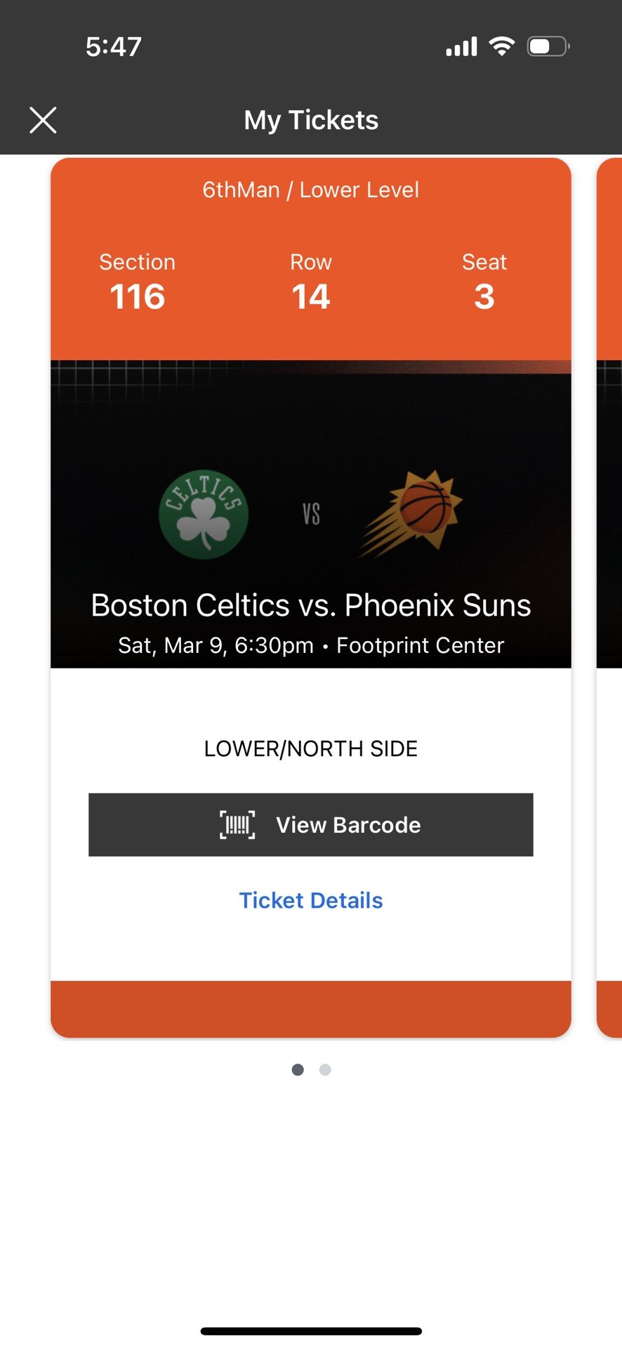 Boston Celtics vs Phoenix Suns 2 Tickets Lower Level