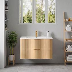 24-inch floating bathroom sink with basin, wall-mounted, oak texture, natural wood color