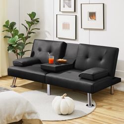 Modern Faux Leather Convertible Futon Sofa Bed with Cup Holders, Black