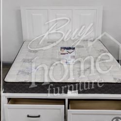 Queen size white platform bed with orthopedic mattress included