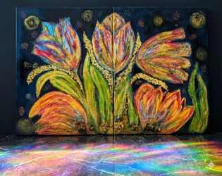 Original Vibrant Floral Diptych Art - Textured Acrylic Painting (Two 18x24" Unframed Canvases)