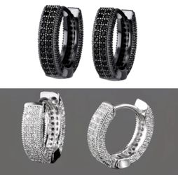 2-Pairs Exquisite Micro Pave Black/White Gold Plated Cubic Zirconia 15mm/13mm Men Women Hoop Earrings