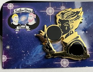 hunter x hunter hisoka enamel pin, depicting the character hisoka blowing a bubble with his bungee gum ability