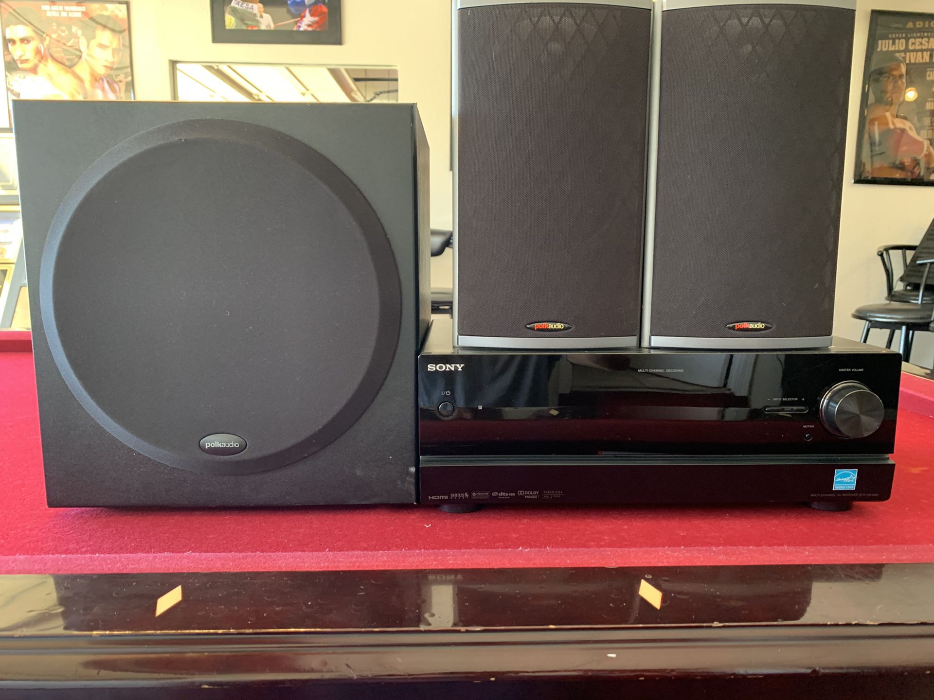2 polk audio rt14 speakers 1 polk audio psw202 subwoofer and 1 Sony STR-DN1000