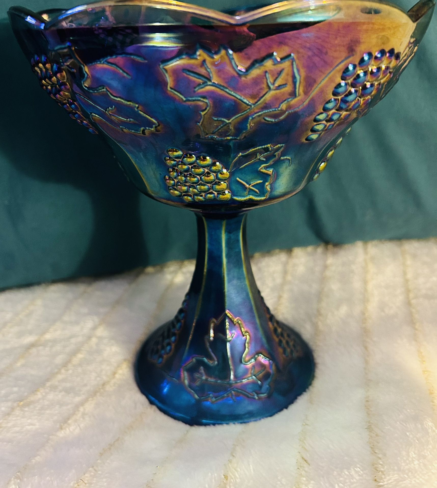 Vintage Blue Carnival Glass Compote