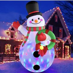 Danxilu 6 FT Christmas Inflatable Snowman with Colorful Rotating Led Lights Outdoor Yard Decorations, Blow up Snowman with Wreath and Cheerful Waving 