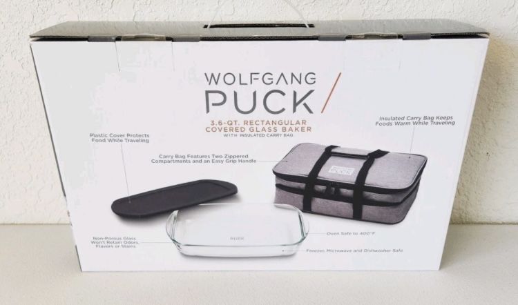 Wolfgang Puck 3.6 Quart Rectangular Covered Glass Baker with Insulated Carry Bag I Deliver