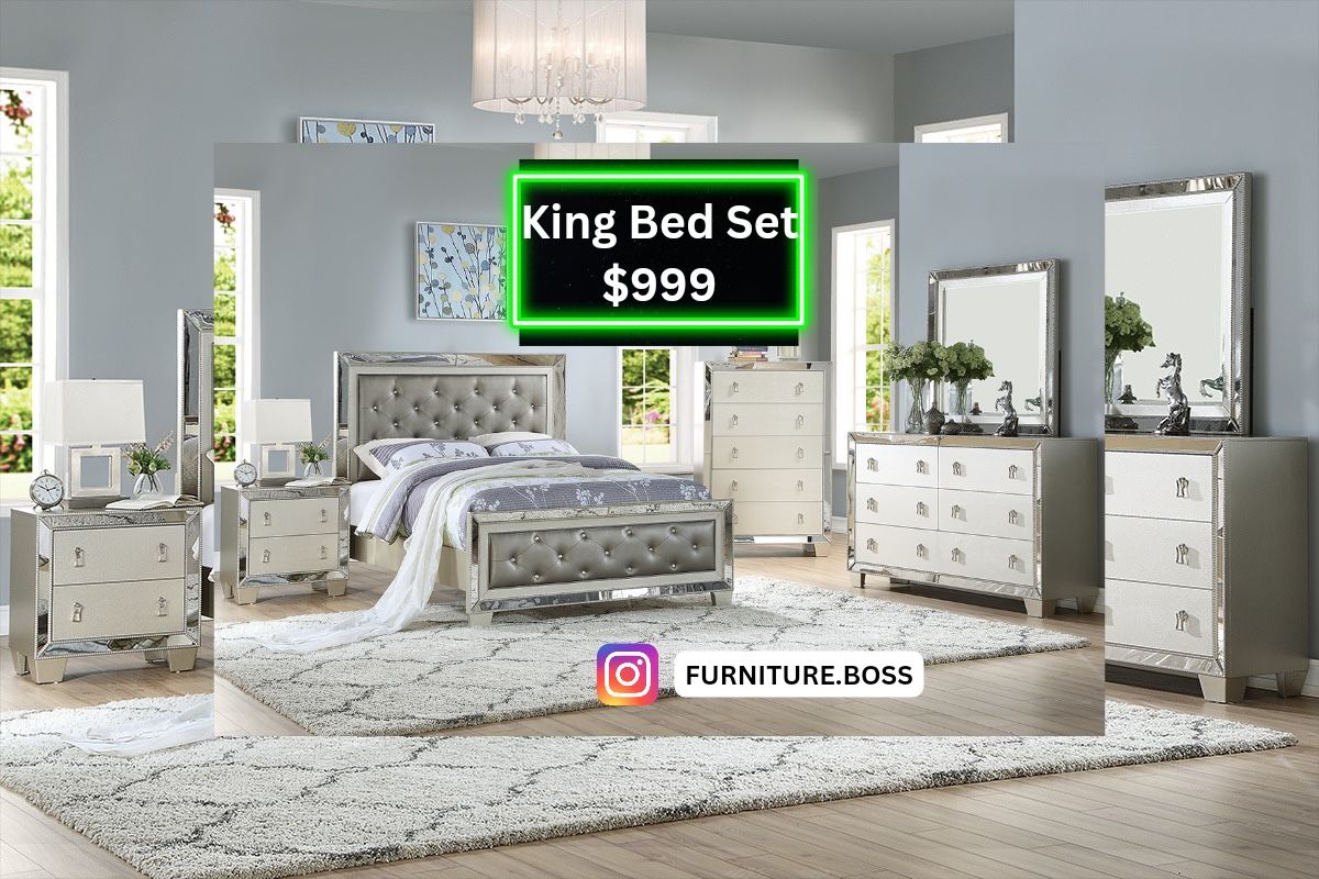 Glam Bedroom - King Size Bed+Dresser+Mirror+1 Nightstand $999