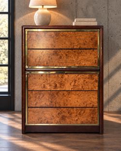 Vintage Bassett 5-Drawer Tallboy Dresser — Burl-Look Fronts, Brass Trim, Campaign Style