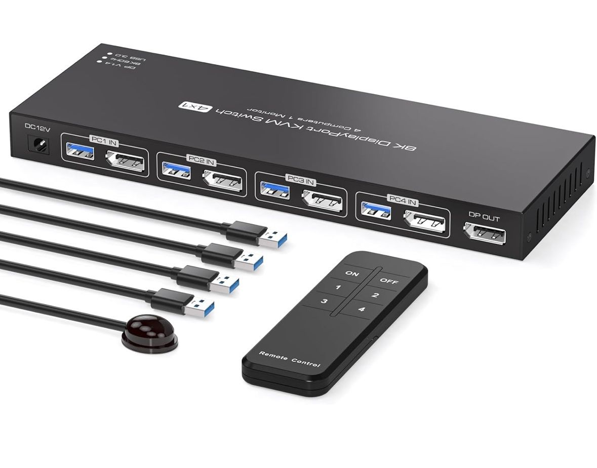8K Displayport KVM Switch 4 Computers 1 Monitor 4K144Hz 4 Port KVM Sharing 1 Monitor and 4 USB 3.0 Device with Controller Support Extended/Copy Mode