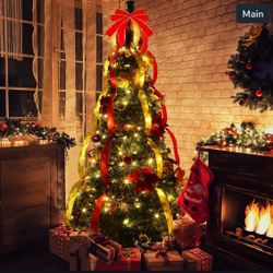  6 Ft Prelit Full Pop Up Christmas Tree with 200 Warm LED Lights, Gold and Red R