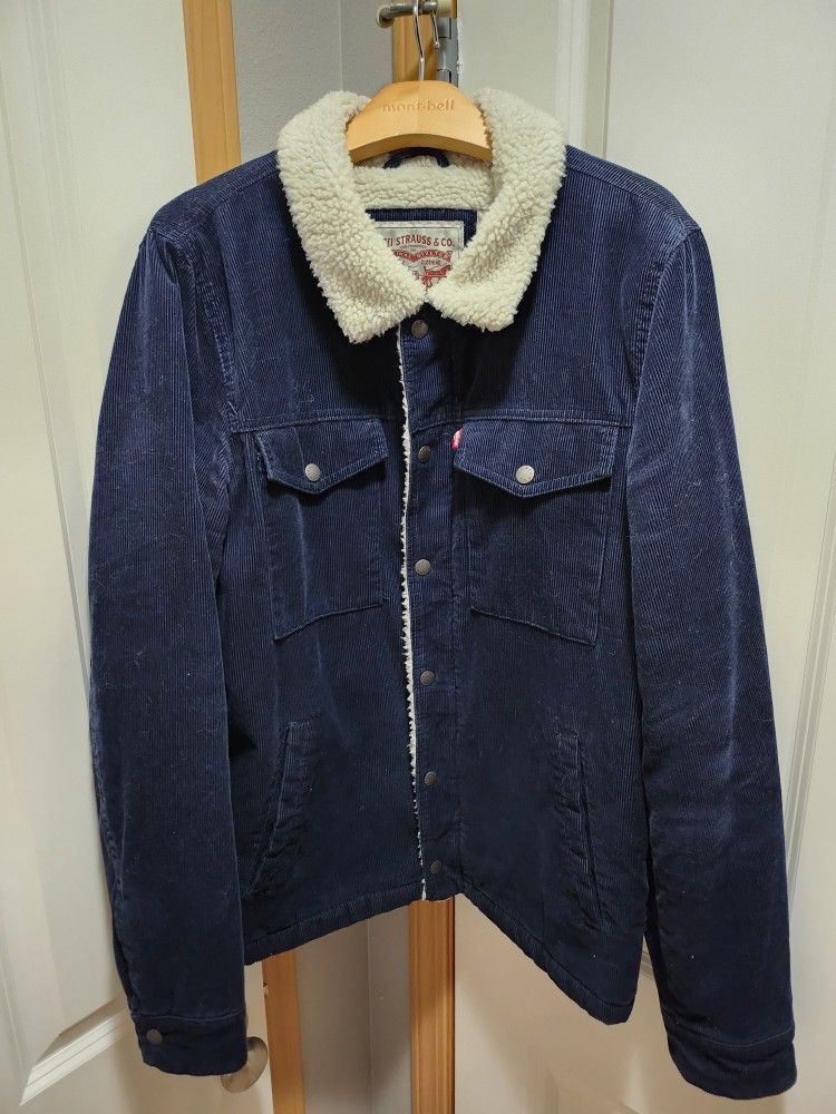 Levis Men's Trucker Corduroy Sherpa Lined Jacket small(like a M)size Navy Blue Mens Fleece Coat