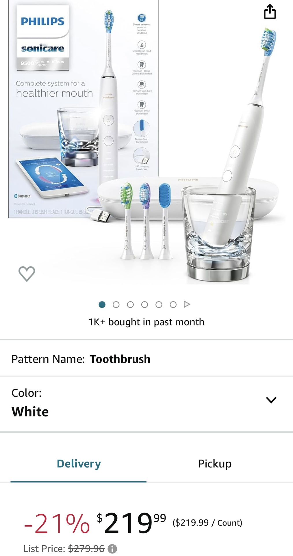 Brand New Philips Sonicare DiamondClean Smart 9500 Rechargeable Electric Power Toothbrush, White, HX9924/01