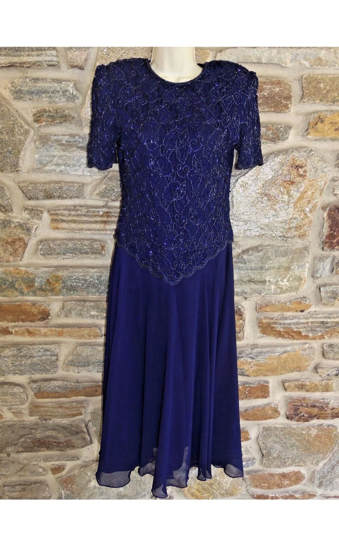 Laurence Kazar Navy Blue Beaded Maxi Dress Size S
