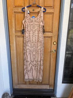 Pisarro Nights D1557 Blush Beaded Mesh Midi Cocktail Dress SZ10 W/ Tag $228