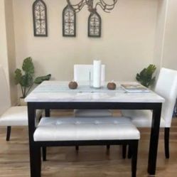 ✅️✅️ 5 pc dark finish wood faux marble top  rectangular dining table set with bench ✅️✅️