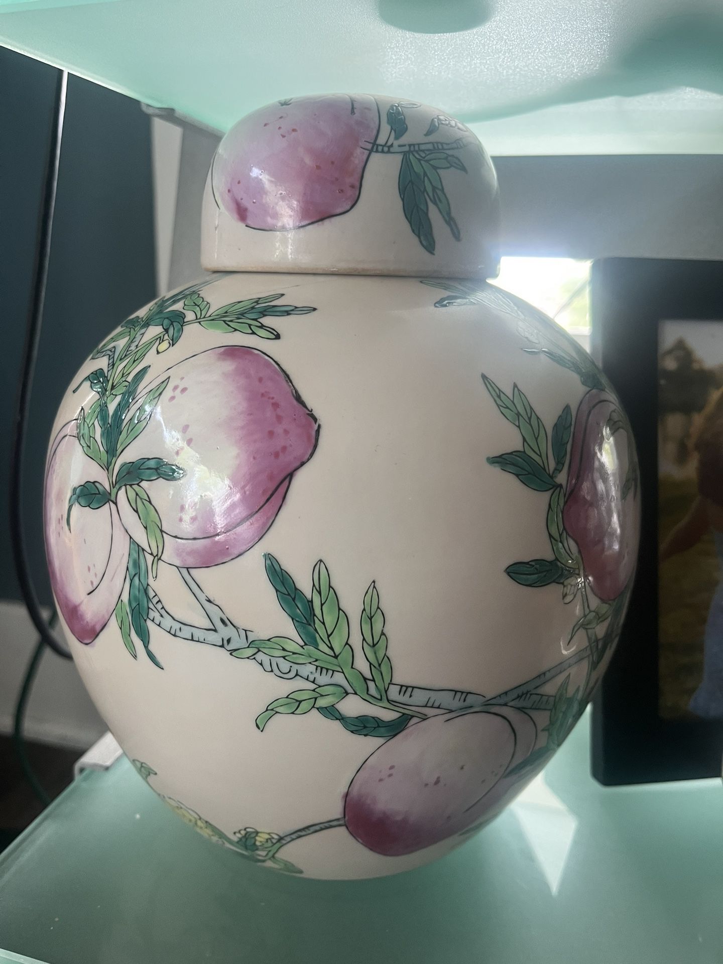 Vintage Chinese Porcelain Nine Peach Tree Motif Enamel Ginger Jar Urn w/ Lid