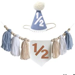 Baby Boy Half Birthday Cone Hat And High Chair / Wall Banner. NEW
