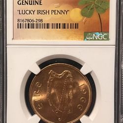 1966 Ireland Lucky Irish Penny • Harp, Hen & Chicks Uncirculated Bronze Coin • Four Leaf Clover Slab Label • Graded NGC Genuine
