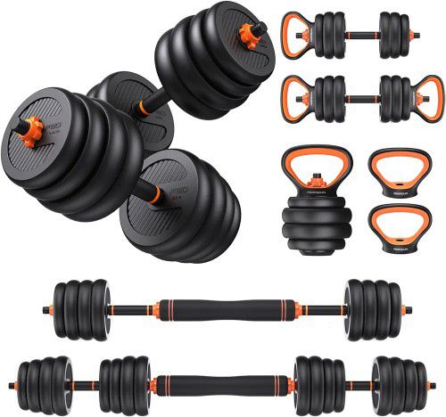 FEIERDUN 90 LB Adjustable Dumbbells Free Weight Set w/ Connector, 4 in1 Dumbbells Set Used as Barbell, Kettlebells, Push up Stand, Fitness Exercise 